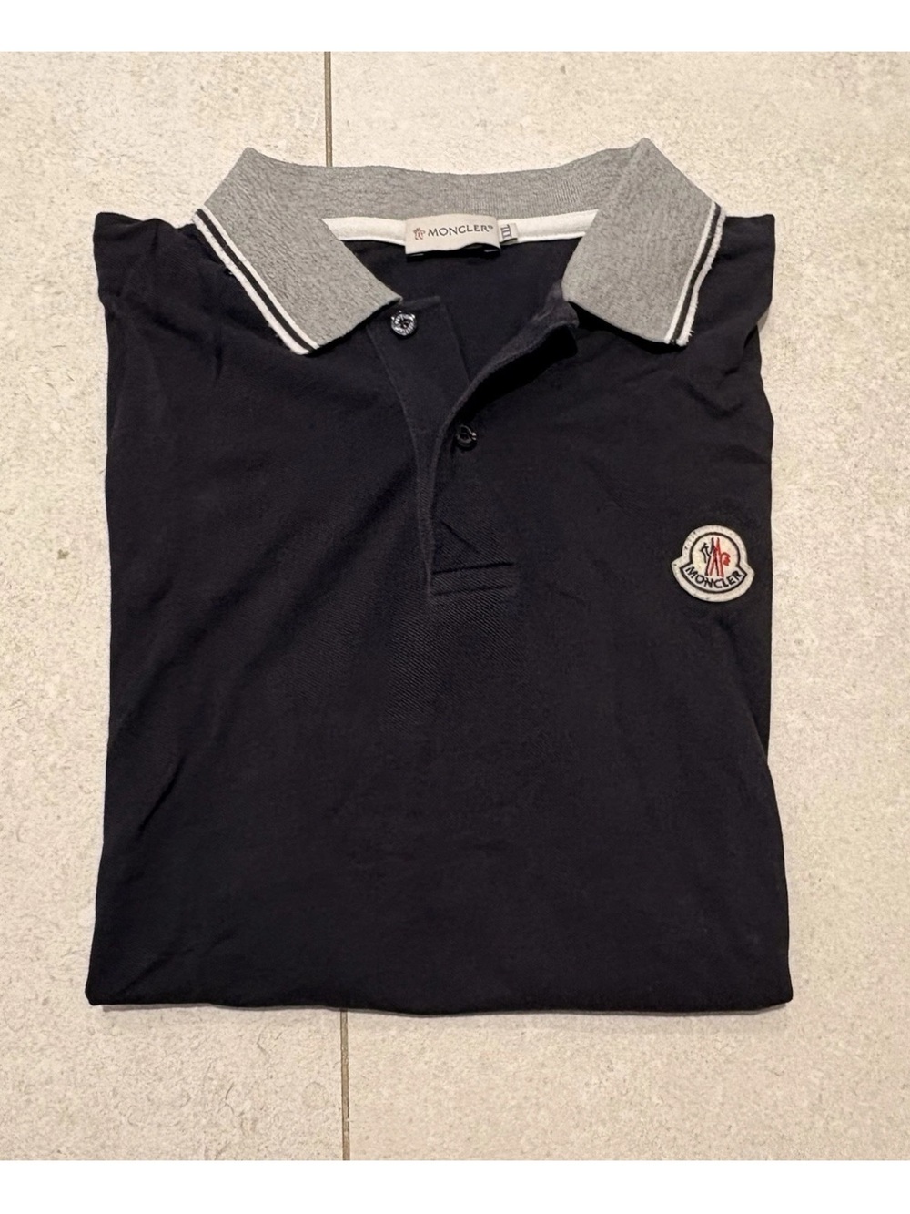 Moncler Navy Polo with Grey Contrast Collar and Chest Logo Patch